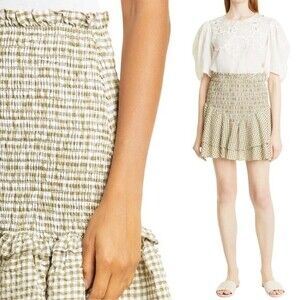 NWT Veronica Beard Aloya Smocked Gingham Mini Skirt Olive & White Size Large NEW